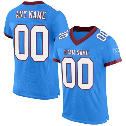 Personalized Electric Blue White Burgundy Mesh Football Jersey for Men Personalized Electric Blue White-Burgundy Mesh Football