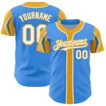 Custom Authentic Baseball Jersey in Electric Blue, White-Gold - Personalized Name and Number, 3 Colors, Team Design Personalized