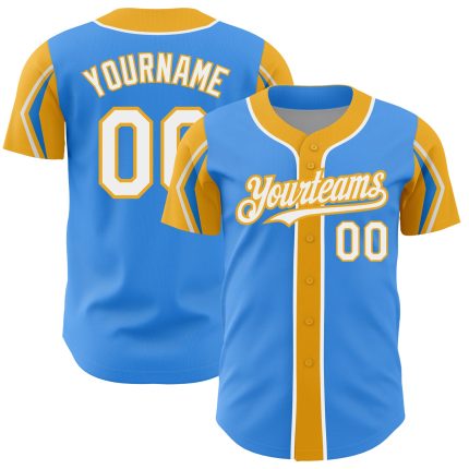 Custom Authentic Baseball Jersey in Electric Blue, White-Gold - Personalized Name and Number, 3 Colors, Team Design Personalized