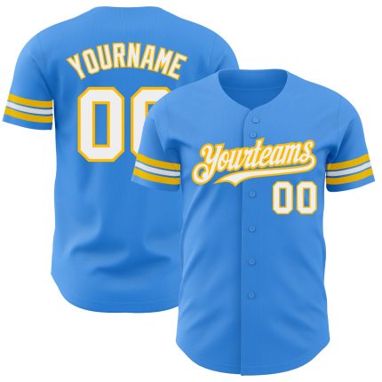 Custom Electric Blue White-Gold Baseball Jersey with Personalized Name and Number - Authentic Team Wear Personalized Electric