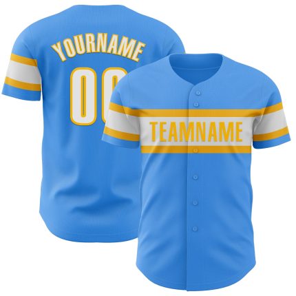 Custom Electric Blue and White Gold Baseball Jersey for Men and Women Personalized Electric Blue White-Gold Baseball Jersey