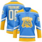 Personalized Electric Blue and White Gold Lace Neck Hockey Jersey Personalized Electric Blue White-Gold Hockey Lace Neck