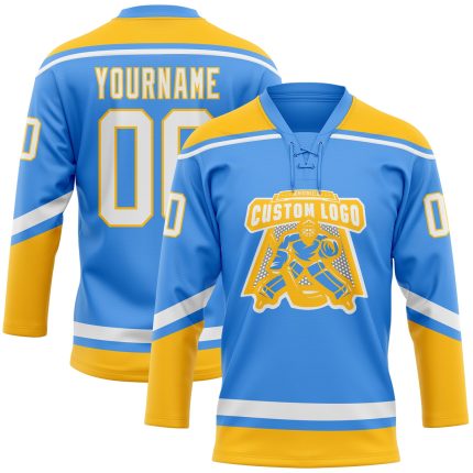 Personalized Electric Blue and White Gold Lace Neck Hockey Jersey Personalized Electric Blue White-Gold Hockey Lace Neck