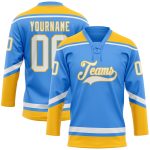 Custom Electric Blue White-Gold Hockey Jersey with Personalized Name and Number - Lace Neck Design Personalized Electric