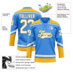 Custom Electric Blue White-Gold Hockey Jersey with Personalized Name and Number - Lace Neck Design Personalized Electric