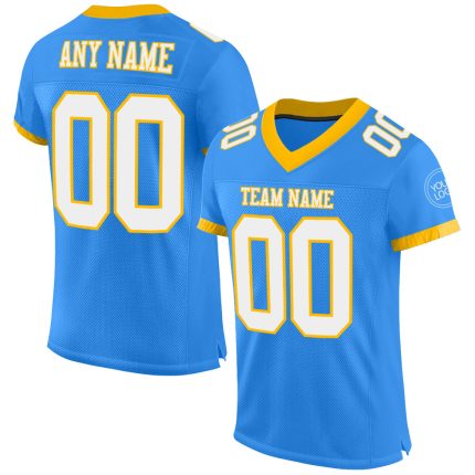 Custom Name and Number Authentic Football Jersey - Personalized Electric Blue White-Gold Mesh Design Personalized Electric