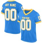 Custom electric blue, white and gold mesh throwback football jersey