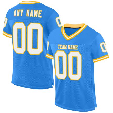 Custom electric blue, white and gold mesh throwback football jersey