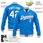 Personalized Electric Blue Varsity Letterman Jacket - Full-Snap Bomber in White-Gray Personalized Electric Blue White-Gray