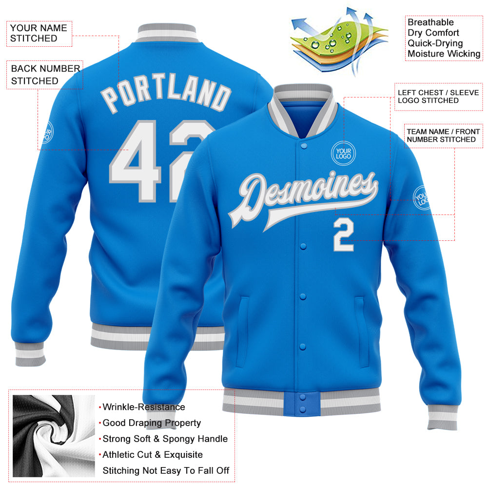 Personalized Electric Blue Varsity Letterman Jacket - Full-Snap Bomber in White-Gray Personalized Electric Blue White-Gray - Image 5