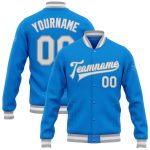 Custom Name Number Team Varsity Letterman Jacket Electric Blue White Gray Full-Snap Bomber Personalized Electric Blue White-Gray