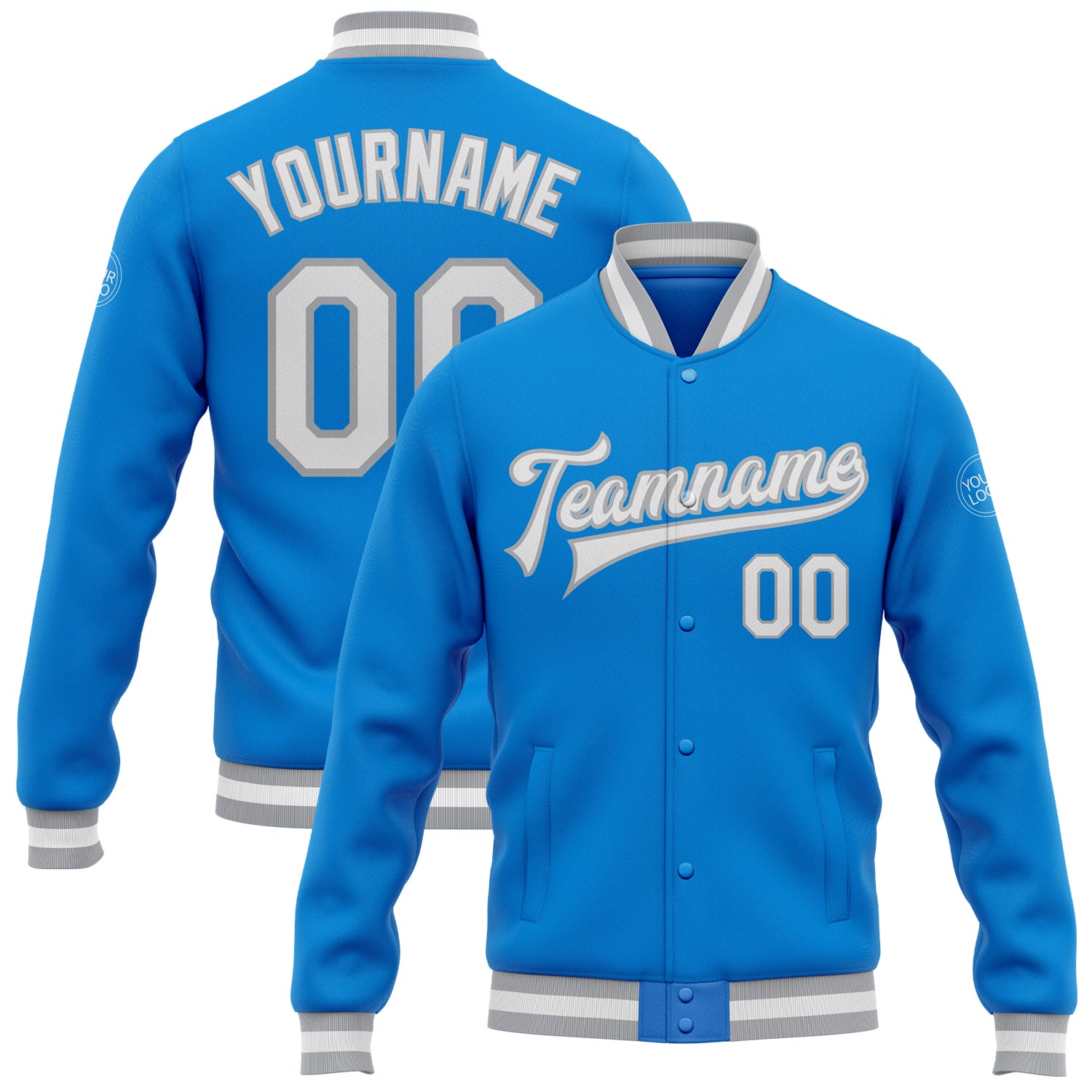 Custom Name Number Team Varsity Letterman Jacket Electric Blue White Gray Full-Snap Bomber Personalized Electric Blue White-Gray
