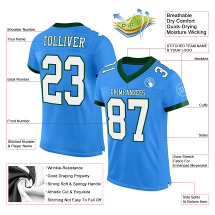Custom Electric Blue White Green Mesh Football Jersey - Personalized Sportswear Personalized Electric Blue White-Green Mesh