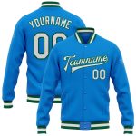 Personalized Electric Blue and White Varsity Letterman Bomber Jacket - Kelly Green Full-Snap Design Personalized Electric
