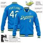 Personalized Electric Blue and White Varsity Letterman Bomber Jacket - Kelly Green Full-Snap Design Personalized Electric