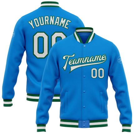 Custom Team Varsity Jacket with Name and Number, Electric Blue and White-Kelly Green Bomber Full-Snap Design Personalized
