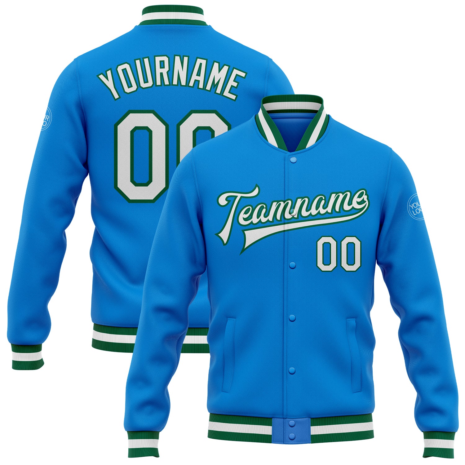Custom Team Varsity Jacket with Name and Number, Electric Blue and White-Kelly Green Bomber Full-Snap Design Personalized