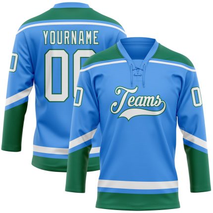 Custom Electric Blue White Kelly Green Hockey Jersey with Name and Number - Personalized Lace Neck Team Apparel Personalized