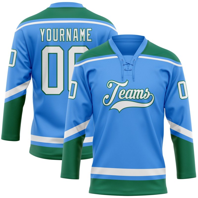 Custom Electric Blue White Kelly Green Hockey Jersey with Name and Number - Personalized Lace Neck Team Apparel Personalized