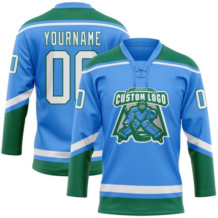 Custom Electric Blue White Kelly Green Hockey Jersey with Name and Number - Personalized Lace Neck Team Apparel Personalized