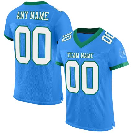 Customizable Electric Blue and White Football Jersey with Green Accents - Authentic Team Jersey with Custom Name and Number