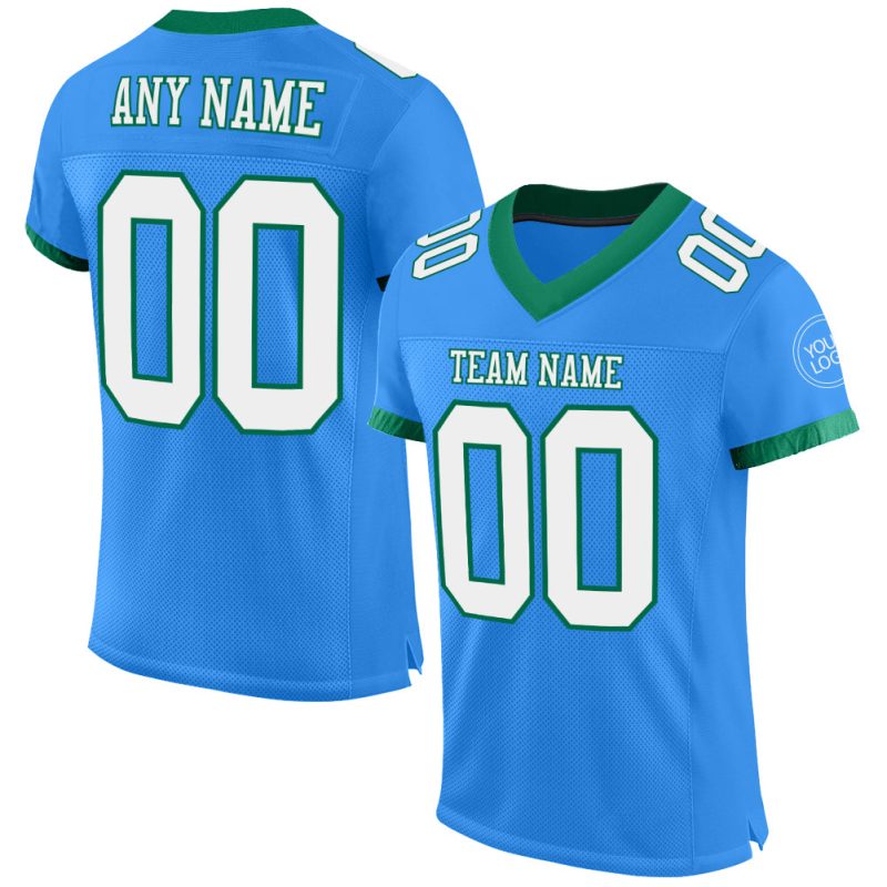 Customizable Electric Blue and White Football Jersey with Green Accents - Authentic Team Jersey with Custom Name and Number