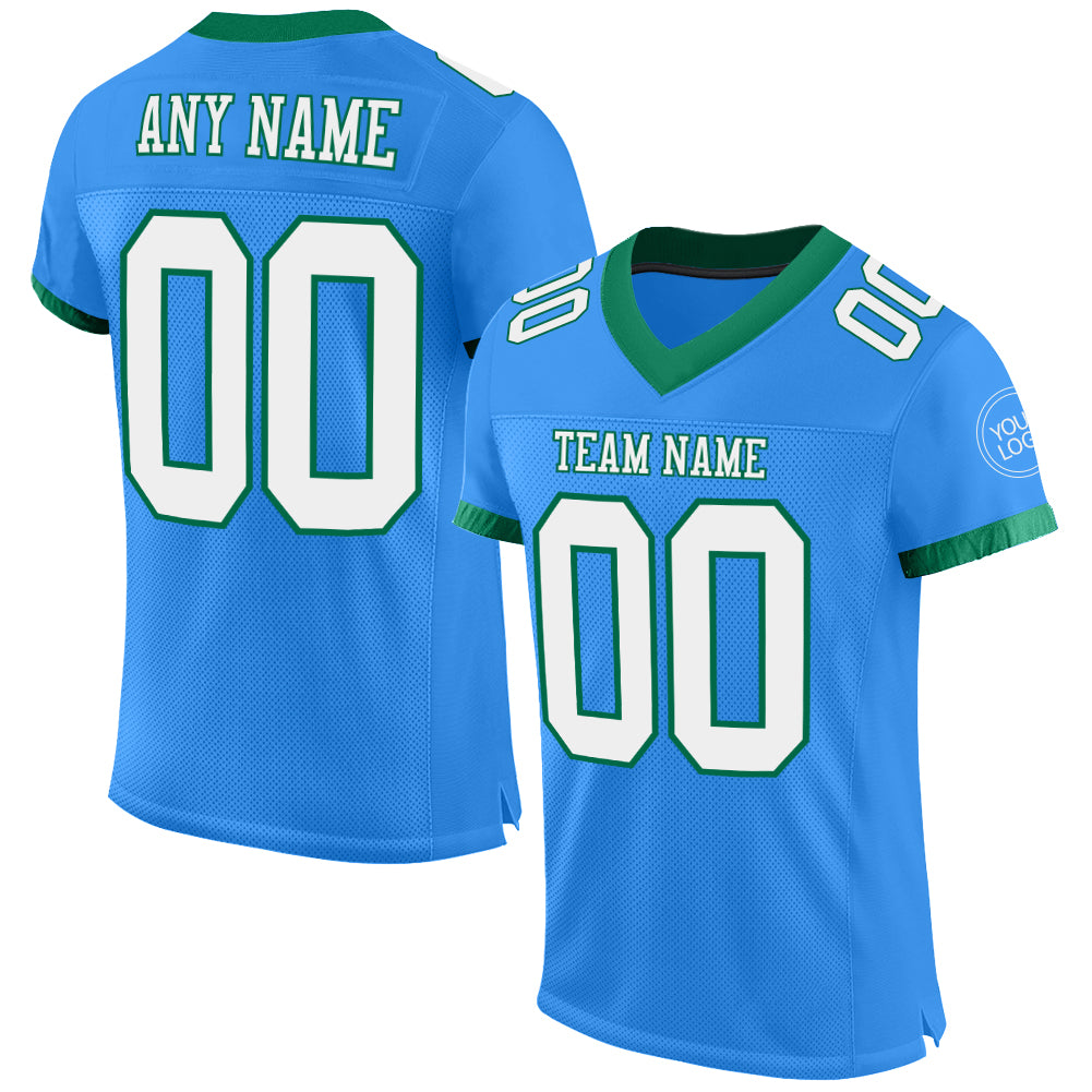 Customizable Electric Blue and White Football Jersey with Green Accents - Authentic Team Jersey with Custom Name and Number