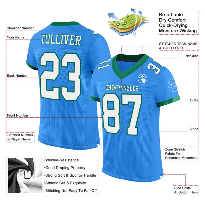 Customizable Electric Blue and White Football Jersey with Green Accents - Authentic Team Jersey with Custom Name and Number