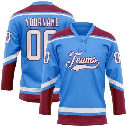 Personalized Electric Blue White Maroon Hockey Jersey with Lace Neck Design Personalized Electric Blue White-Maroon Hockey