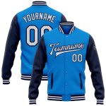 Personalized Electric Blue White Navy Varsity Letterman Bomber Jacket, Full-Snap Two Tone Design Personalized Electric Blue