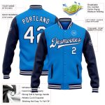 Custom Name and Number Varsity Letterman Two Tone Bomber Jacket - Personalized Electric Blue and White-Navy Full-Snap Personalized