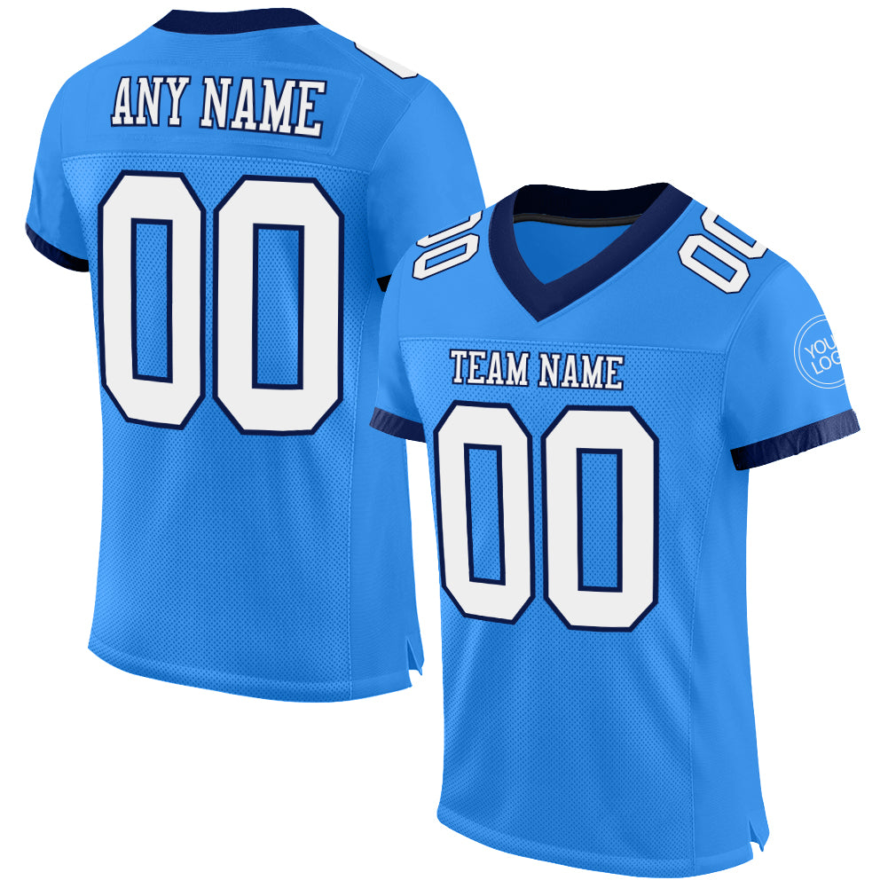 Electric Blue White-Navy Personalized Football Jersey - Custom Mesh Jersey Personalized Electric Blue White-Navy Mesh Football