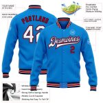 Personalized Electric Blue Navy-Red Bomber Varsity Letterman Jacket Full-Snap Personalized Electric Blue White Navy-Red Bomber