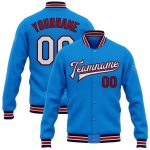 Custom Team Name Number Bomber Jacket Electric Blue White Navy Red Full-Snap Varsity Letterman Jacket Personalized Electric