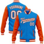 Customized Electric Blue White Orange Two-Tone Varsity Letterman Bomber Jacket Full-Snap Personalized Electric Blue White-Orange