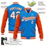 Customized Electric Blue White Orange Two-Tone Varsity Letterman Bomber Jacket Full-Snap Personalized Electric Blue White-Orange