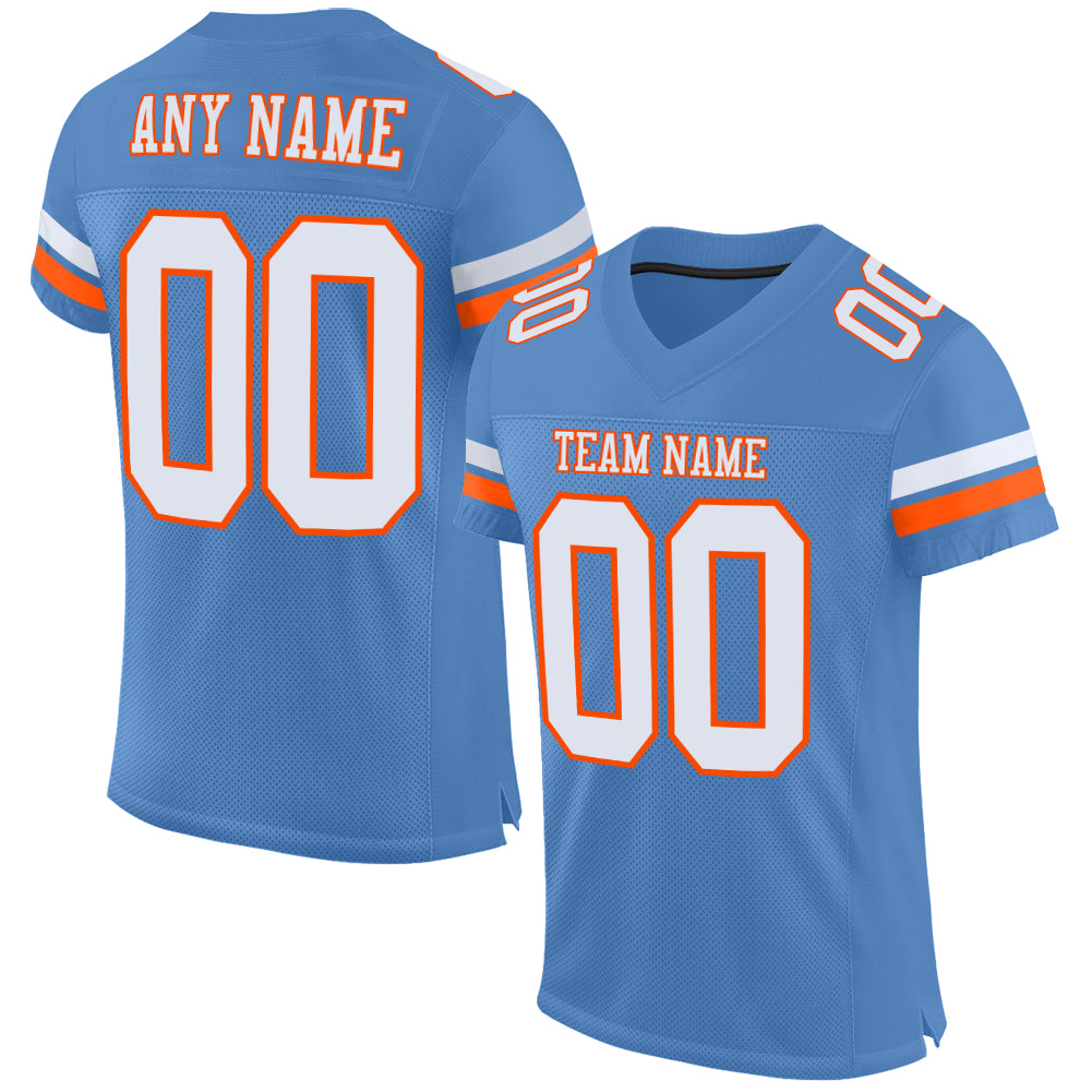 Personalized Electric Blue and White-Orange Football Jersey - Authentic Mesh Design Personalized Electric Blue White-Orange