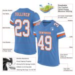 Custom electric blue, white and orange mesh football jersey, back view