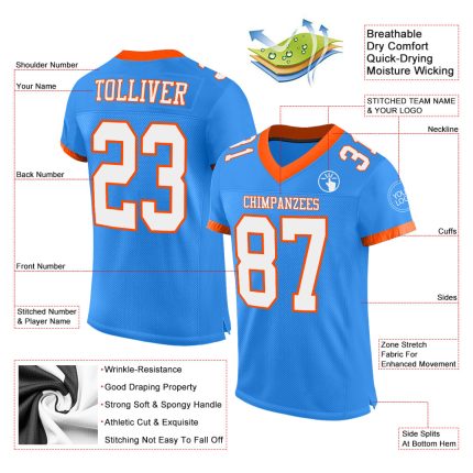 Customizable Electric Blue White-Orange Mesh Football Jersey with Personalized Name & Number - Authentic Team Apparel Personalized