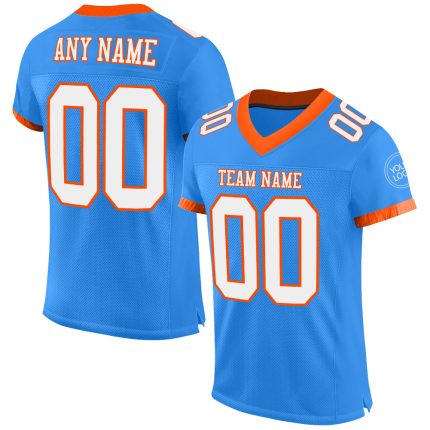 Customizable Electric Blue White-Orange Mesh Football Jersey with Personalized Name & Number - Authentic Team Apparel Personalized