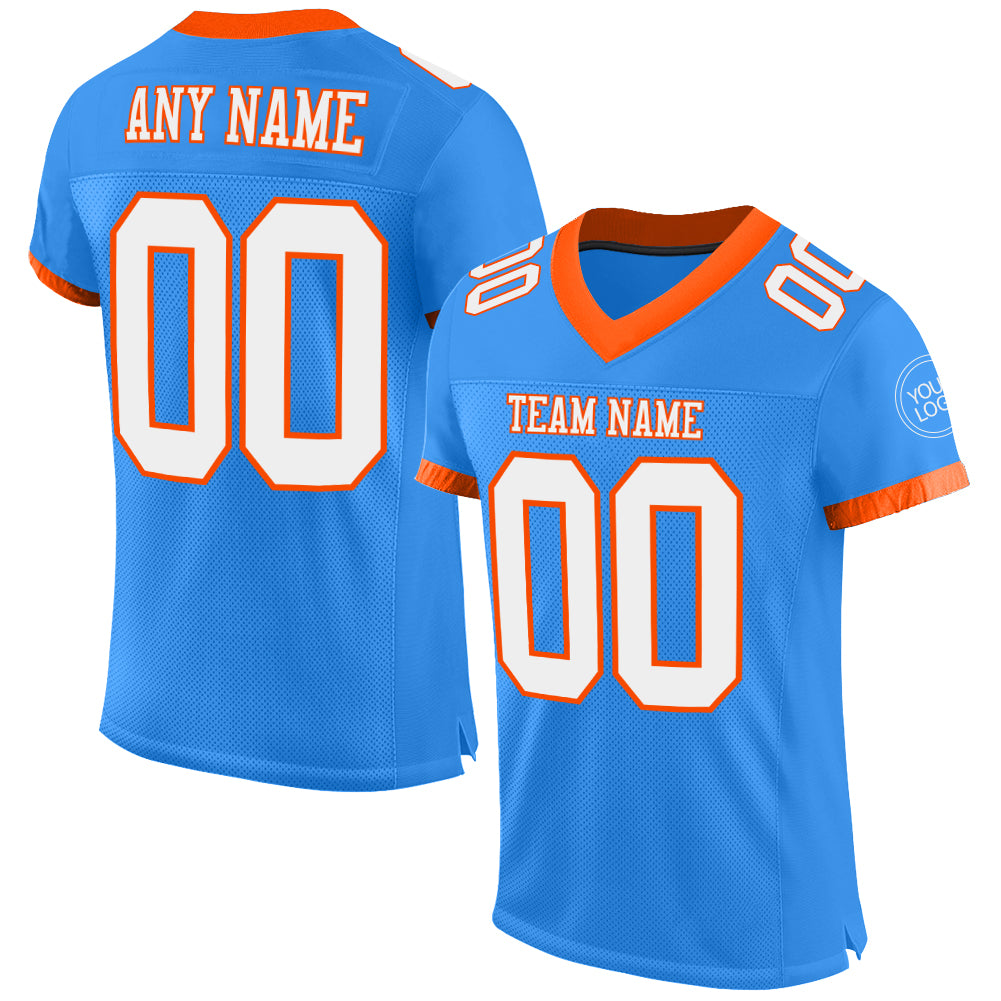 Customizable Electric Blue White-Orange Mesh Football Jersey with Personalized Name & Number - Authentic Team Apparel Personalized