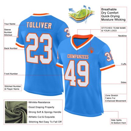 Custom Electric Blue White-Orange Mesh Football Jersey with Personalized Name and Number - Authentic Throwback Style Personalized