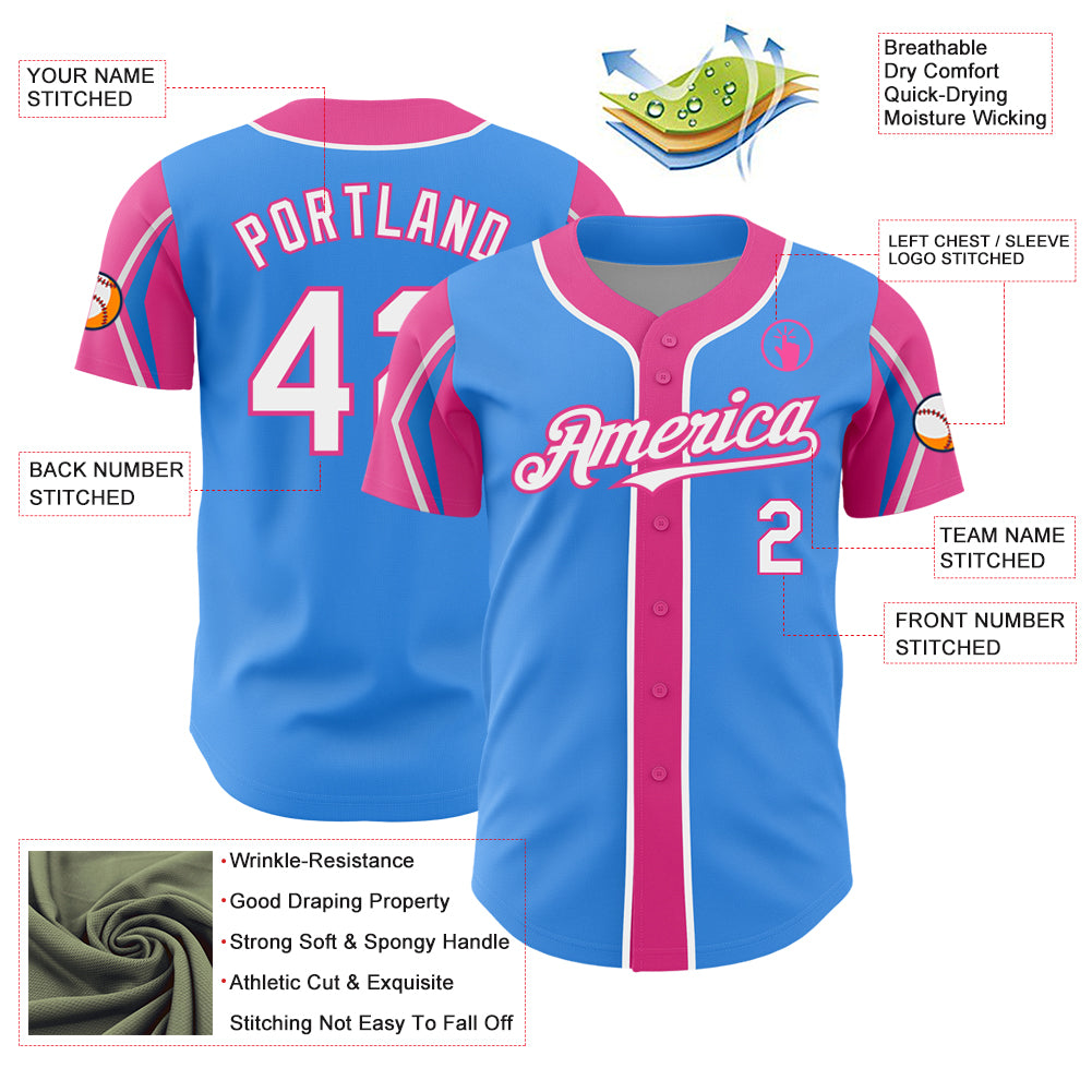 Personalized Electric Blue Pink Baseball Jersey - 3 Color Options, Arm Shapes Personalized Electric Blue White-Pink 3 Colors - Image 4