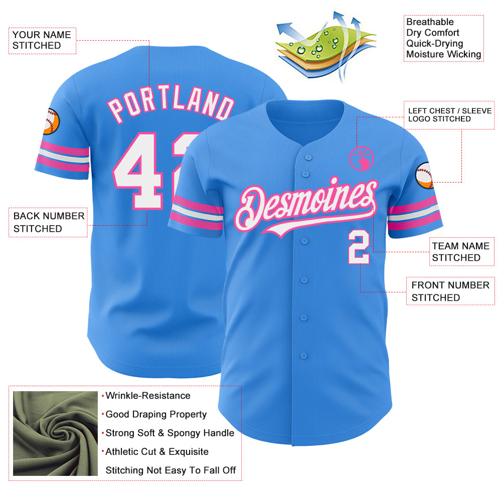 Personalized Electric Blue White Pink Baseball Jersey for Men and Women Personalized Electric Blue White-Pink Baseball Jersey - Image 3