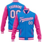 Personalized Electric Blue Pink Two Tone Varsity Letterman Bomber Jacket Full-Snap Personalized Electric Blue White-Pink