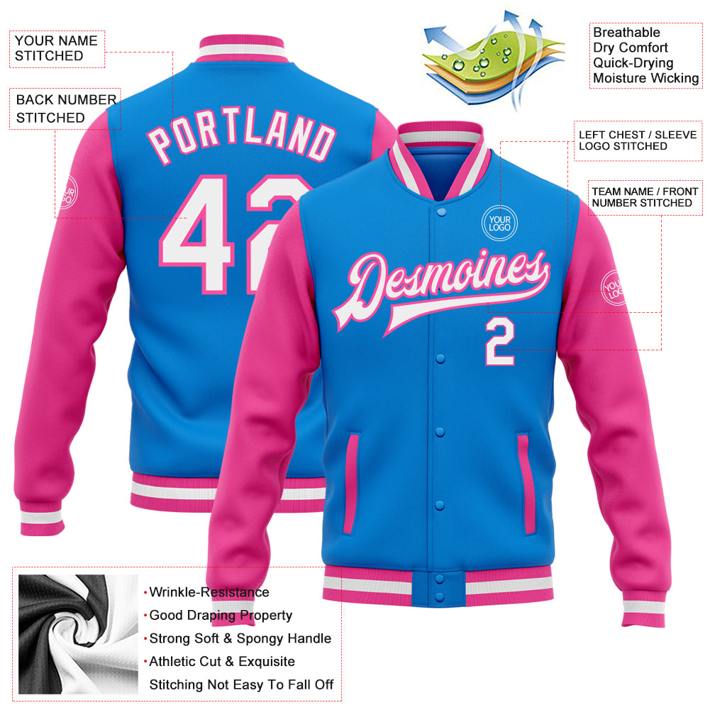Personalized Electric Blue Pink Two Tone Varsity Letterman Bomber Jacket Full-Snap Personalized Electric Blue White-Pink - Image 5
