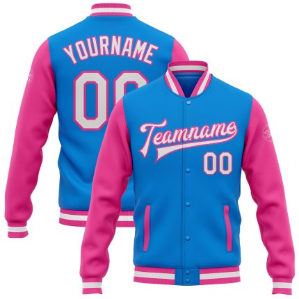 Custom Team Name Number Electric Blue Pink Two Tone Bomber Varsity Jacket Full-Snap Personalized Letterman Jacket Personalized