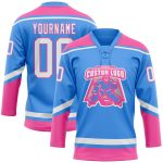 Personalized Electric Blue Pink White Hockey Jersey with Lace Neck Design Personalized Electric Blue White-Pink Hockey Lace