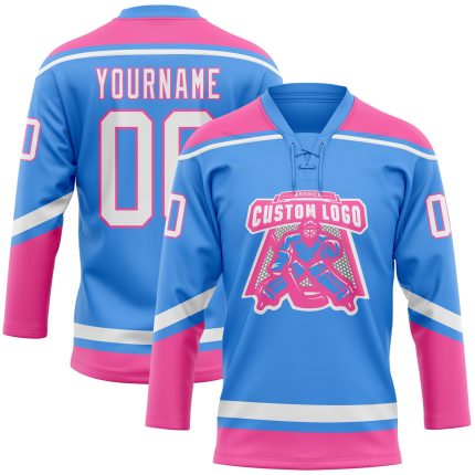 Personalized Electric Blue Pink White Hockey Jersey with Lace Neck Design Personalized Electric Blue White-Pink Hockey Lace