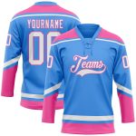 Custom Name and Number Hockey Jersey in Electric Blue White-Pink - Personalized Lace Neck Design Personalized Electric Blue